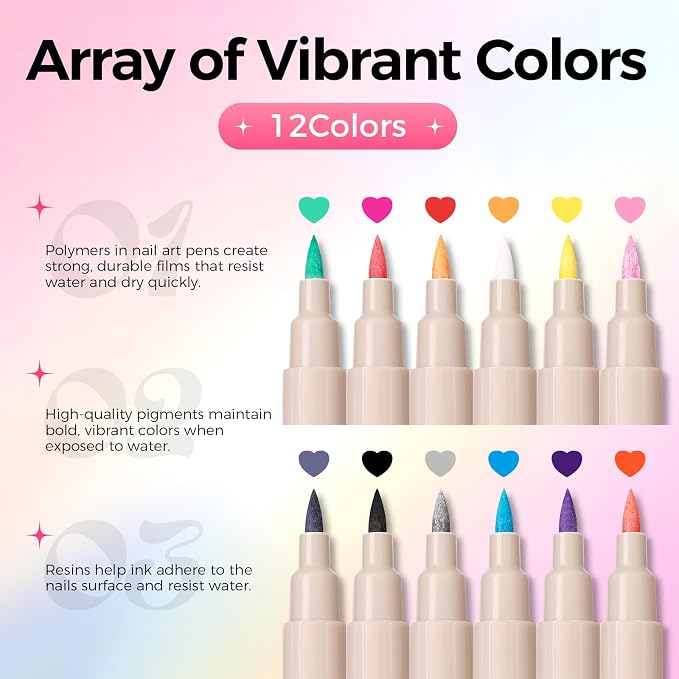 12 Colors Nail Art Pens Set, 3D Nail Polish Pens Quick-Drying Acrylic Paint Markers, Dotting Liner Brush for DIY Nail Design, Home & Salon Manicure Tools