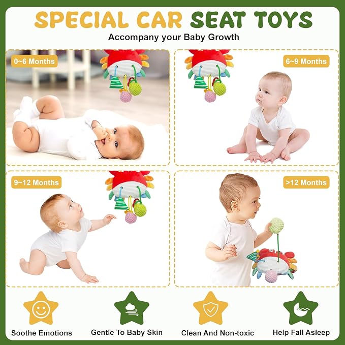 Car Seat Baby Toys 0-6 Months，Stroller Toy，Babies Infant Sensory Carseat Hanging Toy Gym with Squeaker, Crinkle, Rattle, Mirror & Teether| Soft Plush，Babies Gift 0-3-6-12 Months Boy Girl