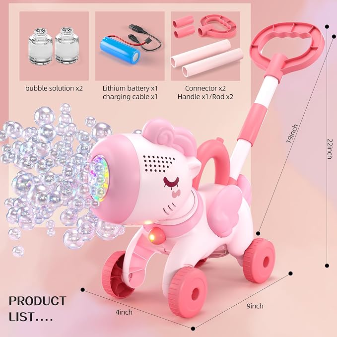 Bubble Machine for 2 3 4 5 6 Year Old Toddler Girl, Portable Unicorn Toys Bubble Maker, Bubble Lawn Mover Outdoor Toys W/Light, Birthday Gift for Toddler Girls Ages 2-4