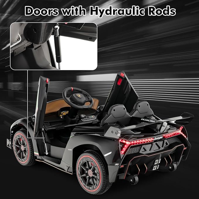 INFANS 2 Seater Kids Ride on Car, 12V 4WD Licensed Lamborghini Veneno Powered Electric Vehicle with Hydraulic Doors, Rocking Mode, Adjustable Speeds, Remote Control, MP3, Headlight (Black)