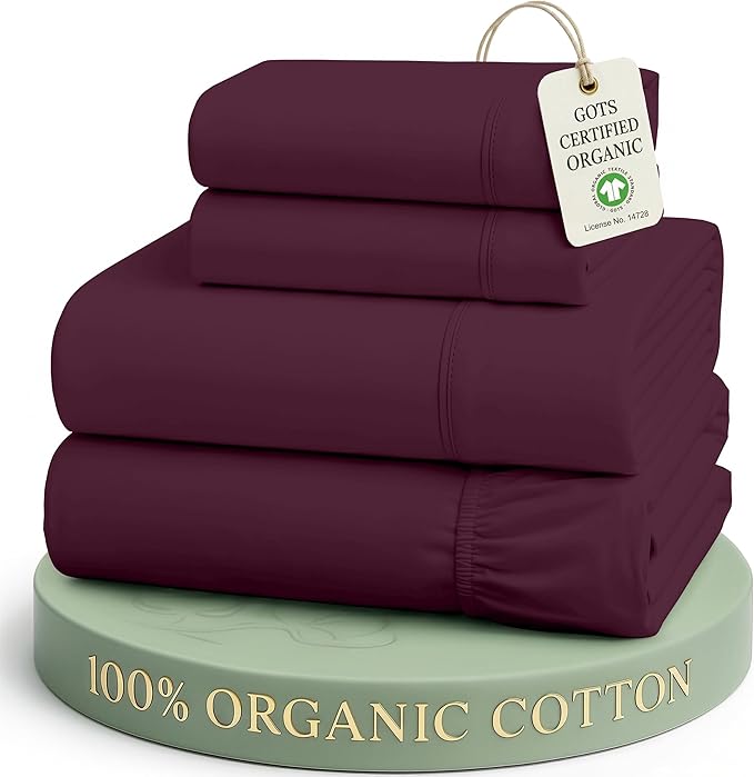 LANE LINEN Queen Size Bed Sheets 100% Organic Cotton 4pc - Windsor Wine | Queen Sheets In 100% Organic Cotton Percale - All-Season Comfort, For Master Bedrooms, Naturally Cooling & Lightweight