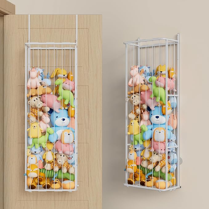SWTYMIKI Hanging Stuffed Animal Storage - Over Door Large Plush Toy Organizer, Wall Mounted or Corner Stuffie Storage for Nursery, Doll & Bear Plush Organizer for Kid Room Bedroom (White, 3-Tier)