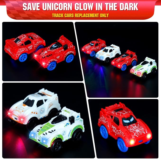 Save Unicorn Tracks Cars only Replacement,Track Cars for Tracks Glow in The Dark, Car Tracks Accessories with 3 Flashing LED Lights, Compatible with Most Tracks Car for Kids Boys(4pack)