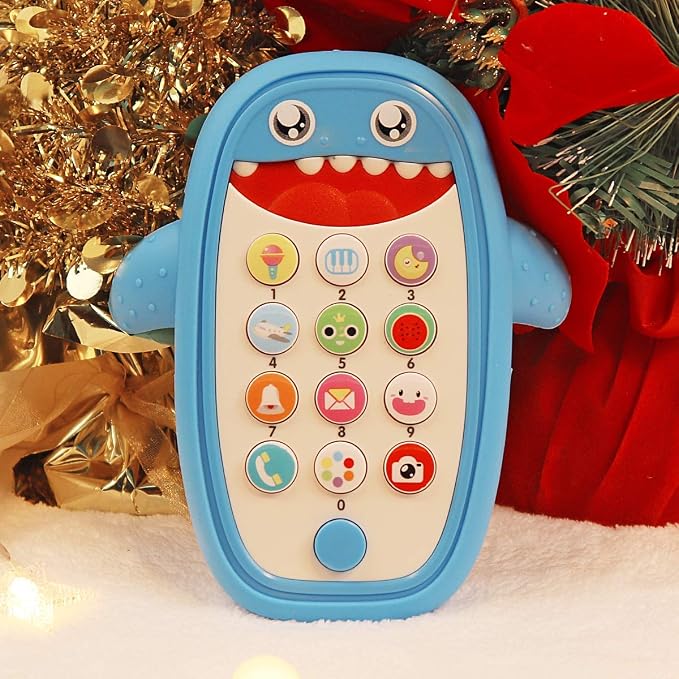 Baby Shark Cell Phone Toy Removable Teether Case, Light, Music Adjustable Volume Kid Play Learn Fake Phone Infant Toddler, Preschool Holiday Birthday Present Gift for Girl Boy 12 Months (Blue)