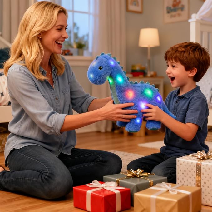 Hopearl LED Musical Stuffed Dinosaur Lighting Up Singing Diplodocus Soft Plush Toy with Long Neck Adjustable Volume Lullaby Animated Soothe Gifts for Kids Toddlers, Blue, 16''
