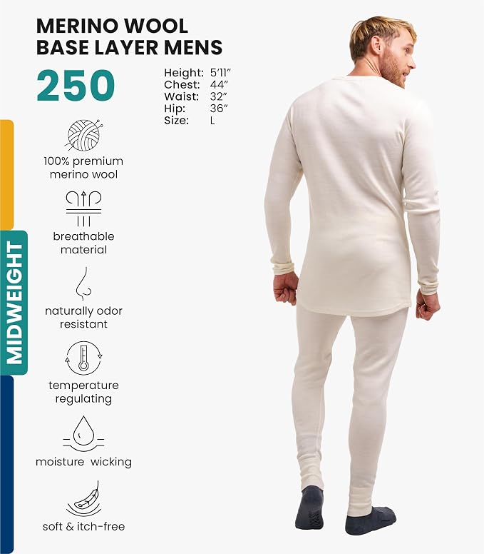 Merino.tech Merino Wool Base Layer Mens Set - Heavyweight, Midweight, Lite Merino Wool Thermal Underwear For Men Top, Bottom