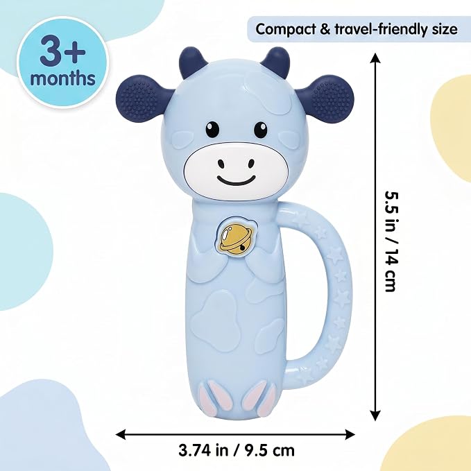 MooMoo Baby Musical Toy, 4‑in‑1 Light‑Up Sensory Toy & Teether for 3–24 Month Babies, BPA‑Free with Easy‑Grip Handle, Cute Cow‑Shaped Travel Toy for Car Seat & Stroller (Blue)