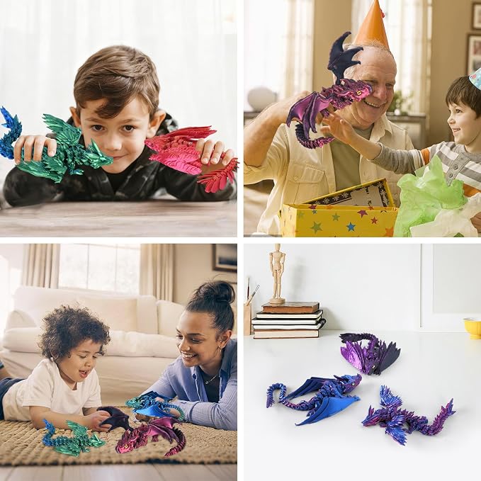4PCS 12 Inch 3D Printed Dragons, Feathered Wyvern Figure with Wings, Dragon Desk Decor, Collectible Toy for Dragon Lovers(Black-A)