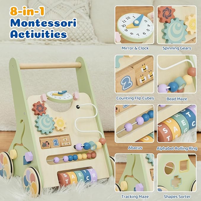 Wooden Baby Push Walker, Montessori Activity Walker for Babies 12-18 Months | Adjustable-speed wooden baby push walker with Montessori activities, storage box, and safe rubber wheels.