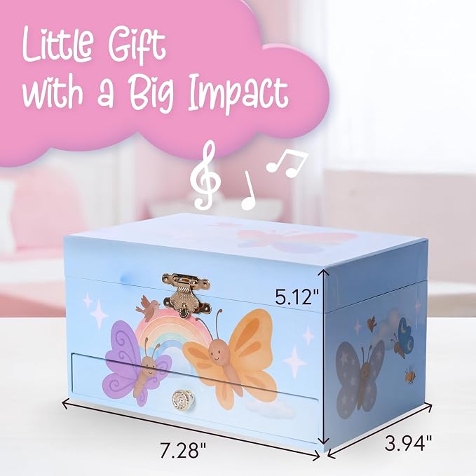 The Memory Building Co Butterfly Musical Jewelry Box Plays Classic Melody, Storage Organizer Music Box for Kids Ages 6-12, MDF Wood w/ 2 Fabric Lined Ring Bracelet Necklace Treasure Compartments