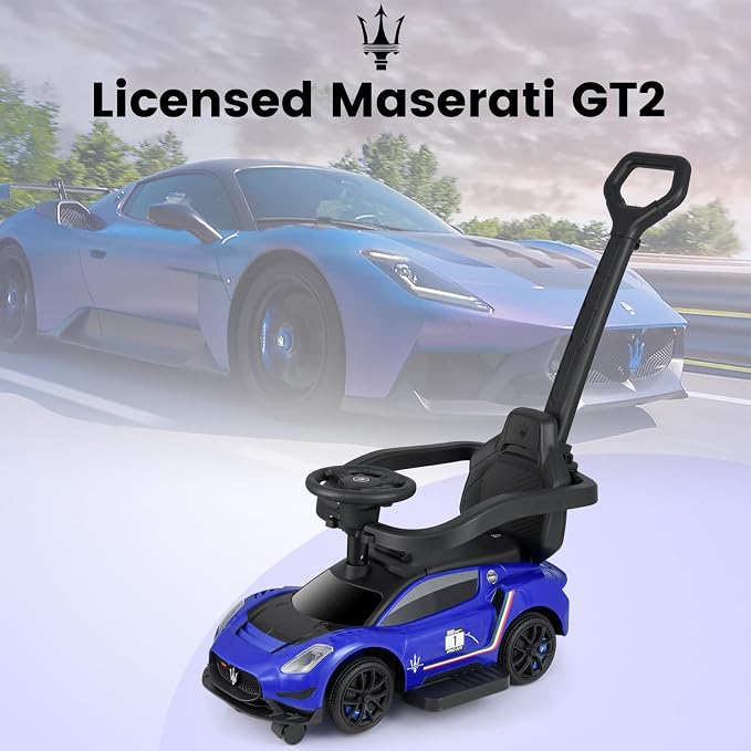 OLAKIDS Push Car for Toddlers, Licensed Maserati 3 in 1 Baby Ride on Sliding with Parent Control Handle, Universal Wheels Safe Guardrails Under Seat Storage, Kids Walking Toy with Music Horn (Navy)