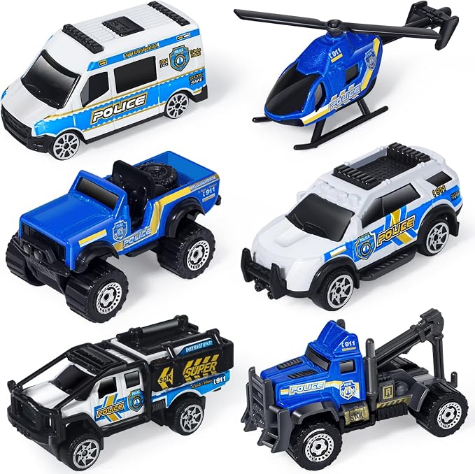 Oriate 6 PCS 1:64 Die-Cast Police Car Toys & Emergency Vehicles Set - Include Helicopter, Tow Truck Toy, ATV - Cake Topper, Police Cars Party Favors, Birthday Gift for Boys Girls Ages 3 4 5 and Above