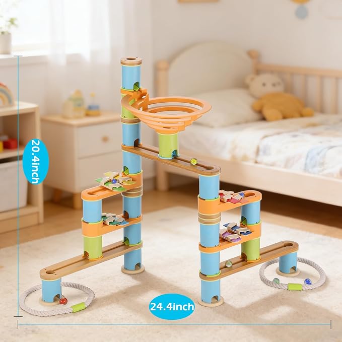 Natural Bamboo Marble Run Toy Set — Musical STEM Building Blocks for Kids — Shatter-Proof Design with Clever Cord-Catch — Eco-Friendly Educational Gift — 98 Pcs