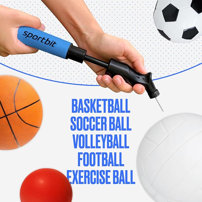 SPORTBIT Ball Pump for Sports Balls - Push & Pull Inflating System - Hand Pump for Exercise Balls - Volleyball Pump, Basketball Inflator, Ball Air Pump - Goes with 5 Needles Set