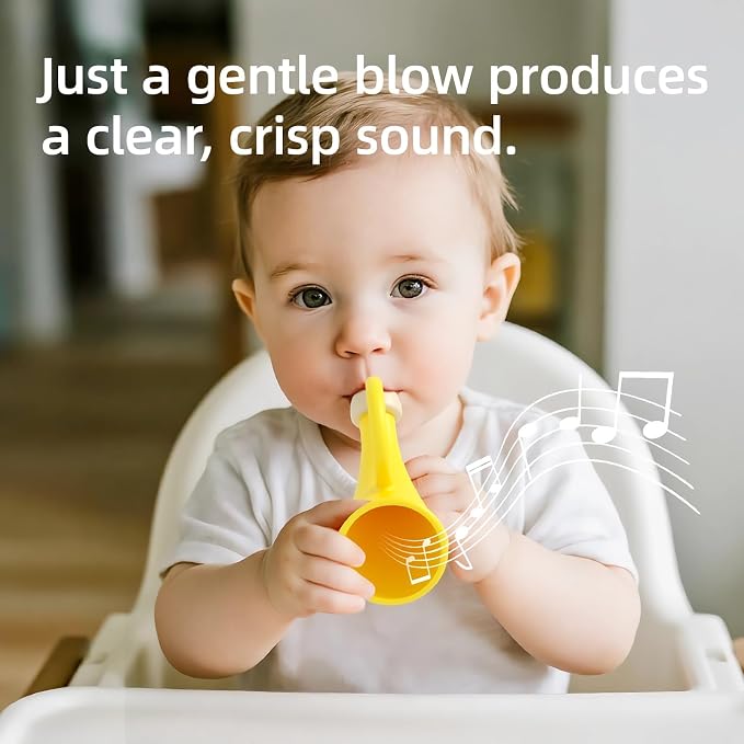 Baby Trumpet Toy 6-12 Months, Silicone Baby horn blowing toy with 2PCS yellow green for Teething Sensory play, Easy Grip Toddler whistle toys 0-6 Months Newborn Gift (Horn)