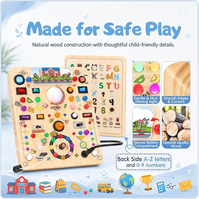 Busy Board with LED Light Switches, Montessori Toys for 1 2 3 Years Old, Toddlers Wooden Toy Sensory Activity Board, Travel Toys for 1+ Year Old Boy & Girl Birthday Gift (School 19 Switches)