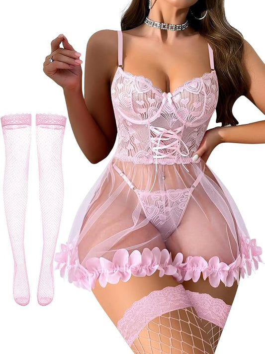 Foxiny Sexy Ruffle Floral Skirt Underwire Mesh Sheer Lace Babydoll Lingerie Dress with Thong 2 Piece