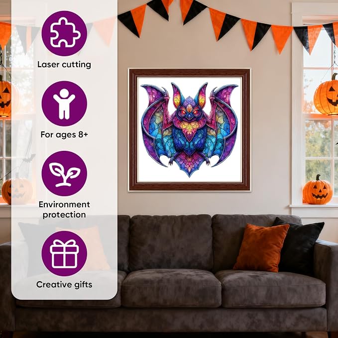 MEATRN Wooden Puzzles for Adults - Stained Glass Bat Wood Puzzles Adult, Unique Irregular Shape Animal Puzzle, Relaxing Family Game, Festival Decorative Gift for Kids, 198 Pcs, 11.4x11.1 in
