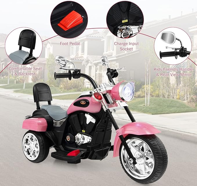 Costzon Kids Motorcycle, 6V Battery Powered Ride on Chopper Motorcycle w/Horn, Headlight, 3-Wheel Stable Ride on Toys, Electric Toddler Motorcycle for Kids, Gift for Boys Girls (Pink)