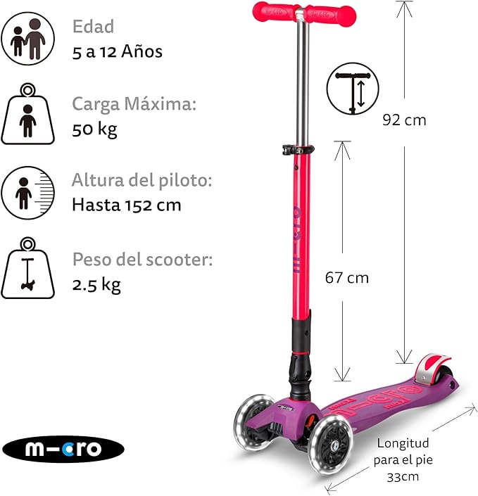 Micro Kickboard | Maxi Foldable LED Kids Scooter for Ages 5-12 | Children up to 110 lbs | 3 Wheel Lean-to-Steer Design | Adjustable T Bar | Smooth Ride, Motion Activated PU LED Wheels | Swiss Design