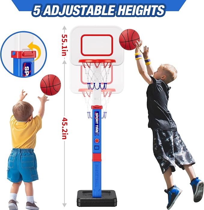 HYES Toddler Basketball Hoop, 55" Height Adjustable Basketball Hoop for Kids 3-5, Kids Basketball Goal, Indoor Outdoor Sport Toys Christmas Birthday Gifts for Baby Boys Girls