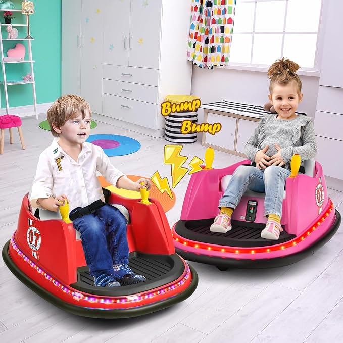 Costzon Bumper Car for Kids, 12V Electric Toddler Bumping Car with Remote Control, Dual Joysticks, 360 Spin, Music, Flashing Lights, Slow Star, Kids Bumper Car Ride on Toy for Boys Girls Gift (Pink)