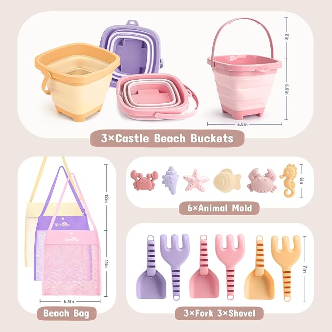 3 Pack Beach Toys Set for Kids Toddlers Girls, Collapsible Sand Buckets with Beach Molds and Mesh Bag, Sandbox Travel Toys Beach Vacation Essentials, Camping Gear, Fishing (Purple/Pink/Yellow)