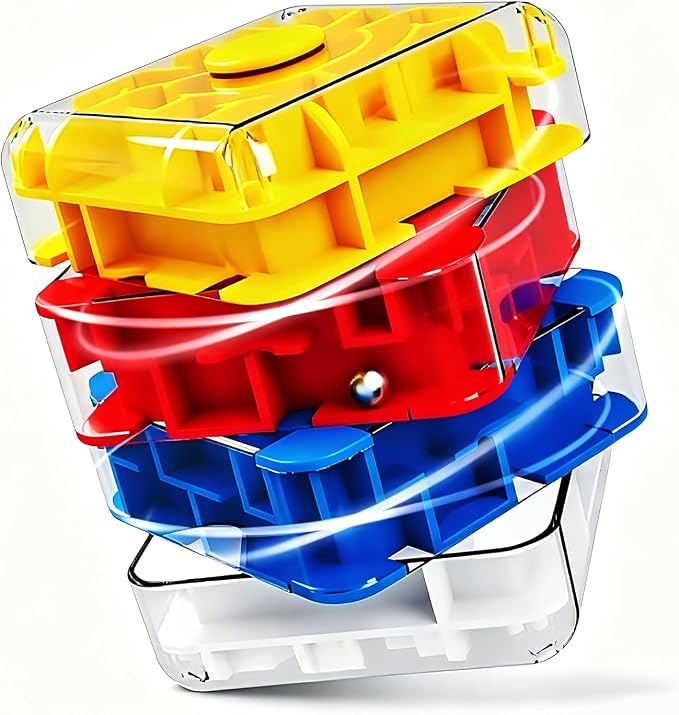 3D Rolling Ball Maze Cube, Large Labyrinth Puzzle, Brain Teaser Toy for Spatial Recognition and Logical Thinking (4 Sections)