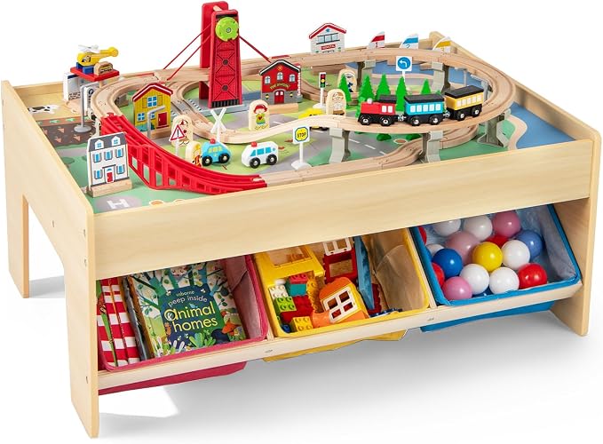 INFANS Train Table with Storage, 94 Pieces Wooden Kids Activity Toy Table Playset with 3 Foldable Boxes Reversible Detachable Tabletop, Tracks, Train, Railway, Gift for Toddler Boys Girls Ages 3+