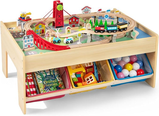 INFANS Train Table with Storage, 94 Pieces Wooden Kids Activity Toy Table Playset with 3 Foldable Boxes Reversible Detachable Tabletop, Tracks, Train, Railway, Gift for Toddler Boys Girls Ages 3+