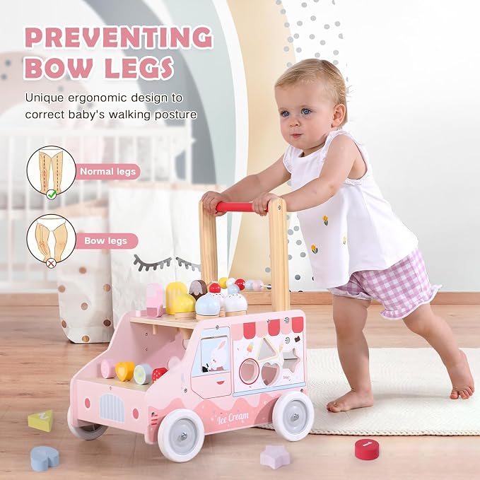 labebe Wooden Push Walker, Push Activity Walker for Kids 12M+, Multifunctional Ice Cream Cart Activity, Adjustable Speed Learning Walking with Wheels, Birthday Gift for Girls Boys Ages 1-3 (Pink)