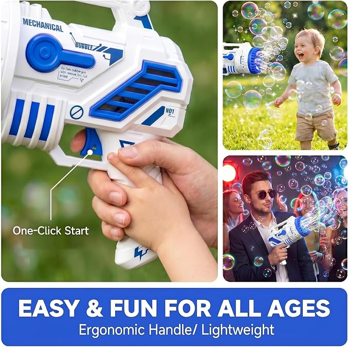Bubble Gun for Kids, 69-Hole Bubble Blaster with LED Lights, Blue | 69-hole bubble machine gun for kids ages 4-8, with LED lights for summer, birthday, party and outdoor play.