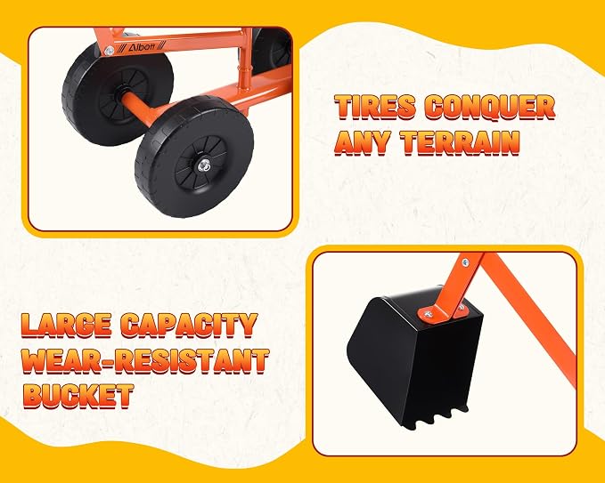 Albott Ride On Sand Digger Excavator Toys Working Crane with 8 inches Wheels and 360° Rotation Seat (Orange)