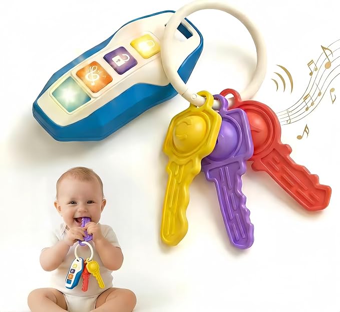 Toy Car Keys for Toddlers 1-3, Soft Silicone Baby Teething Toys with Gentle Lights and Sounds, Non-Toxic Lightweight Pretend Play Sensory Toys for 1 Year Old Boy Girl Birthday Gifts,(blue)