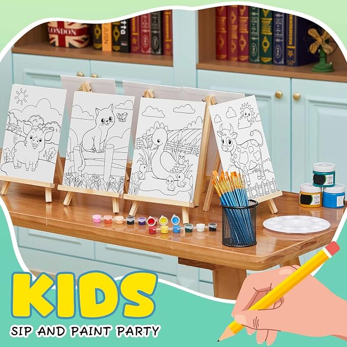Ireer 12 Set Paint Party Set 8 x 10 Sip and Paint Kit Include 12 Printed Pre Drawn Canvas Panel, Wooden Easels, Palettes, Pots, Apron 36 Brushes for Adult Art DIY Party(Farm Animals)