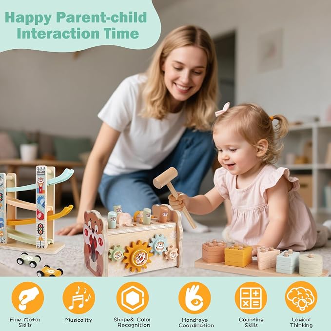 Weilim Montessori Toys for 1 Year Old, 3-in-1 Wooden Hammering & Ramp Toy | Shape Sorter, Stacking Blocks & Xylophone Build Fine Motor Skills; A Screen-Free First Birthday Gift, Boy or Girl