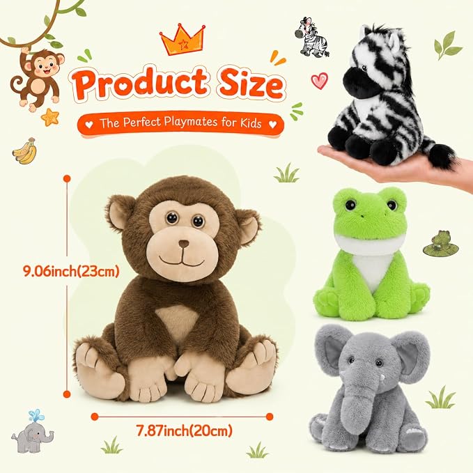MaoGoLan 4Pcs Small Stuffed Animals Bulk, Safari Jungle Animal Plush Toys Set - Elephant Monkey Zebra Frog, Soft 8" Zoo Stuffed Animals for Kids, Birthday Party Favors Classroom Rewards
