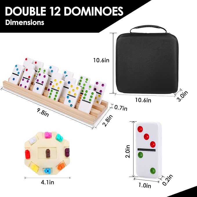 Mexican Train Dominoes Set Double 12 Dot Domino Tiles, 91 Tiles with 8 Wooden Racks, Hub & Trains, Portable Domino Game Set for Adults Kids Families