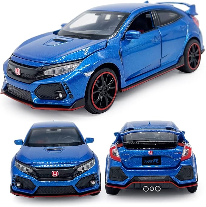 2017 Civic Type R Model Car Hatchback Sports Diecast Toy Cars 1/32 Scale Metal Pull Back Children's Die-cast Vehicles, Doors Open Light Sound, Boys Toys Kids Gifts Collection for Men, Blue
