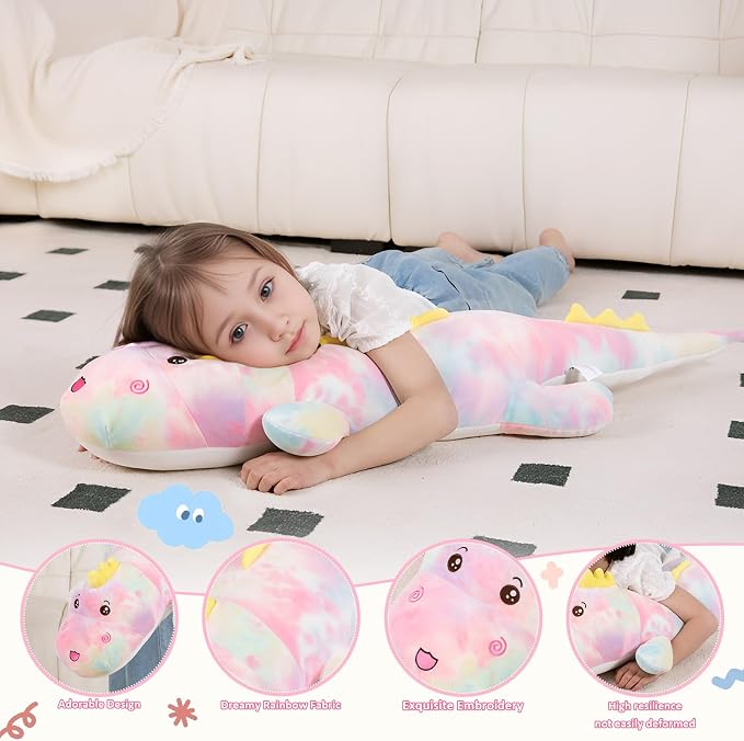Tianmihou 40inch Gaint Dinosaur Plush Stuffed Animals, Soft Rainbow Dinosaurs Stuffed Large Body Pillow Toy, Cute Plushies Gift for Kids Boys Girls Birthday