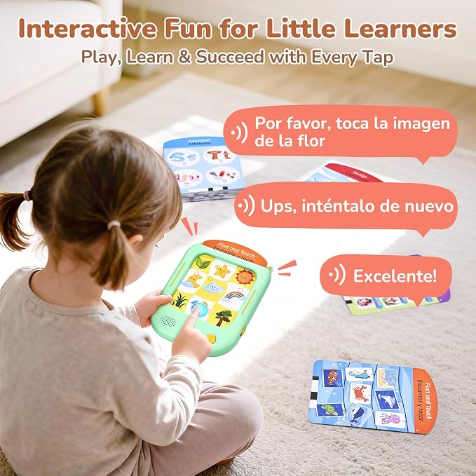 JoyCat Bilingual Kids Learning Tablet, 106 Pages Spanish & English Talking Cards with 20 Interactive Games, Montessori Toy for Alphabet, Words, Numbers, Colors & Songs, Learning Gifts for Toddler 2-6