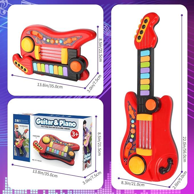 Kids Guitar Toy for 3 Year Old Boy Birthday Gift 2-in-1 Electric Guitars & Piano for Toddlers 2-4 Light Up Music Toys for 3 4 5 Year Old Boys Girls Gifts