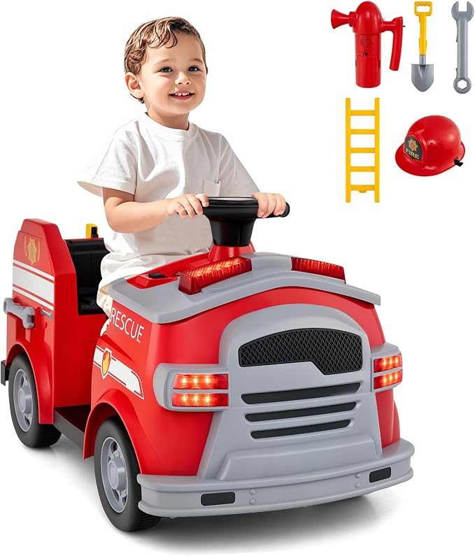 Costzon Ride on Fire Truck, 12V Toddler Fire Toy Kids Car w/Shovel & Wrench, Fire Extinguisher, Ladder, Safety Hat, 4 Anti-Slip Wheels, Music, Alarm, Horn, Electric Vehicle Gift for Toddlers (Red)