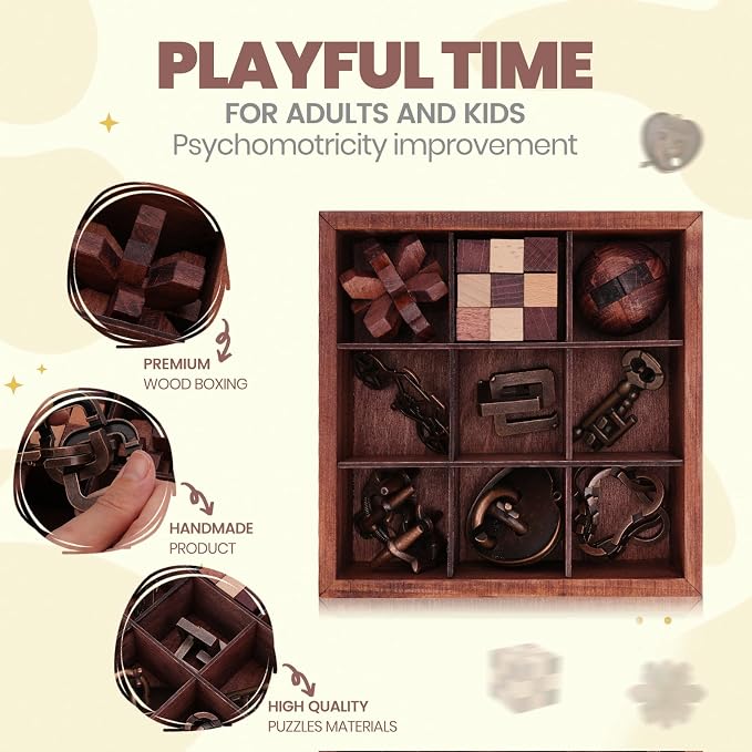 9 Pcs Brain Teaser Puzzles for Adults Teens - Brain Teaser Puzzles with Wooden Box 3D Puzzle Game Toys for Adults Teens - Unlock Interlocking Puzzle Adults Teens IQ Education Smart Toys