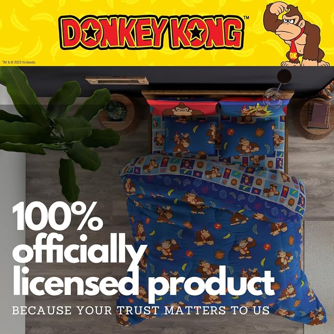 Collectibles Nintendo Donkey Kong Gaming Bedding 7 Piece Super Soft Reversible Comforter and Sheet Set with Sham, Queen, (Officially Licensed Product) By Franco