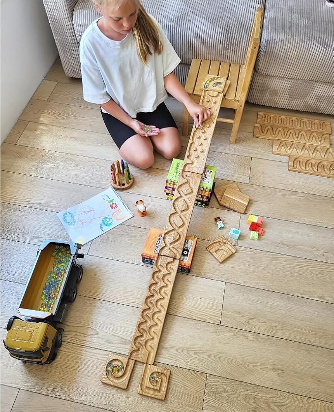 Wooden Marble Run Track Montessori STEM Toy for Kids Race Machine & Maze Board Educational Wooden Roller Track Game Set of 3 Run Gift for Children