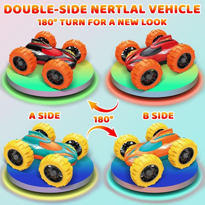 Car Toys for Ages 3-5 Boys, Push and Go Monster Truck Toys for 3 4 5 Year Old Kids, Double-Sided 360° Flip Stunt Car Baby Toy, Sturdy 4WD Cars Toddler Boy Toy, Easter Birthday Gifts for Boys Girls