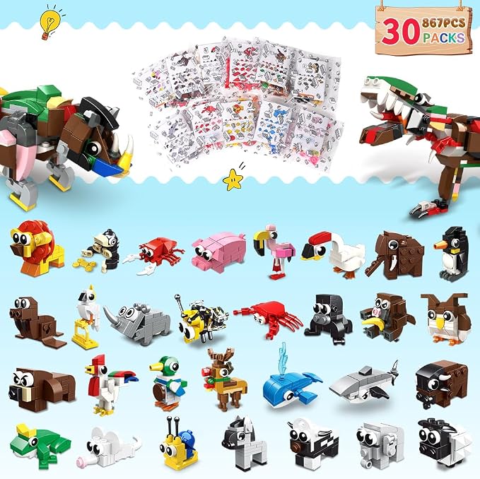 HOGOKIDS 30 Packs Party Favors for Kids - 867PCS Mini Animal Building Blocks Sets for Classroom Prizes Goodie Bag Fillers Valentines Easter Gift Exchange for Student Boys Girls Ages 6+