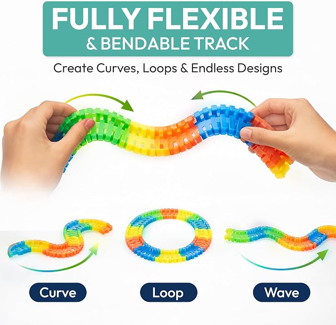 Speed Tracks Flexible Race Track Set - 360 Piece Bendable Glow in The Dark Race Track for Kids with 2 LED Toy Race Cars & Bridge - 14+ Ft Bendable car Race Track Toy for Kids Ages 3+