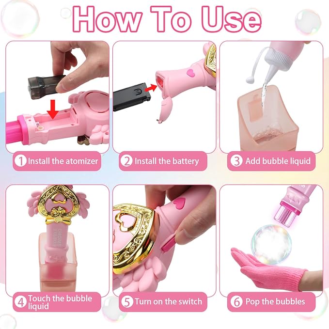 Aooess Fog Bubble Machine for Kids 3+, Mist Bubble Wand with LED Lights and Music, USB Rechargeable Bubble Toy, Complete Kit with Gloves & Bubble Solution, Indoor Outdoor Party Favors for Boys Girls